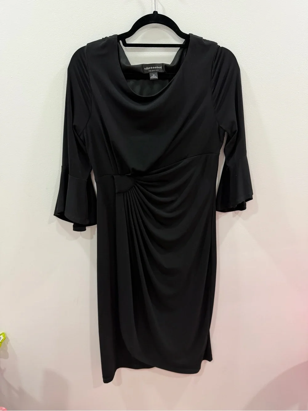 Connected Apparel Black Cowl-Neck Midi Dress with Side Draping Size 10 - Picture 1 of 7
